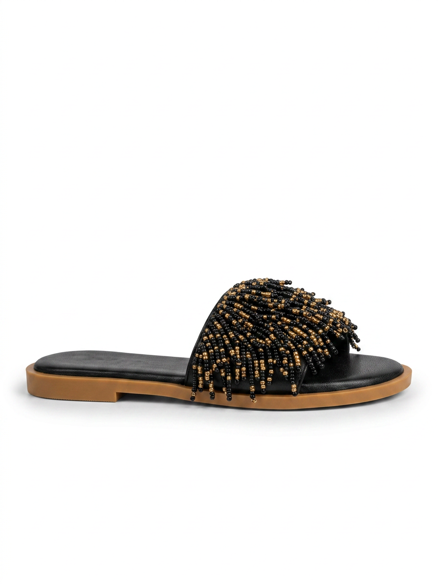 Handmade slippers decorated with two-tone beaded threads