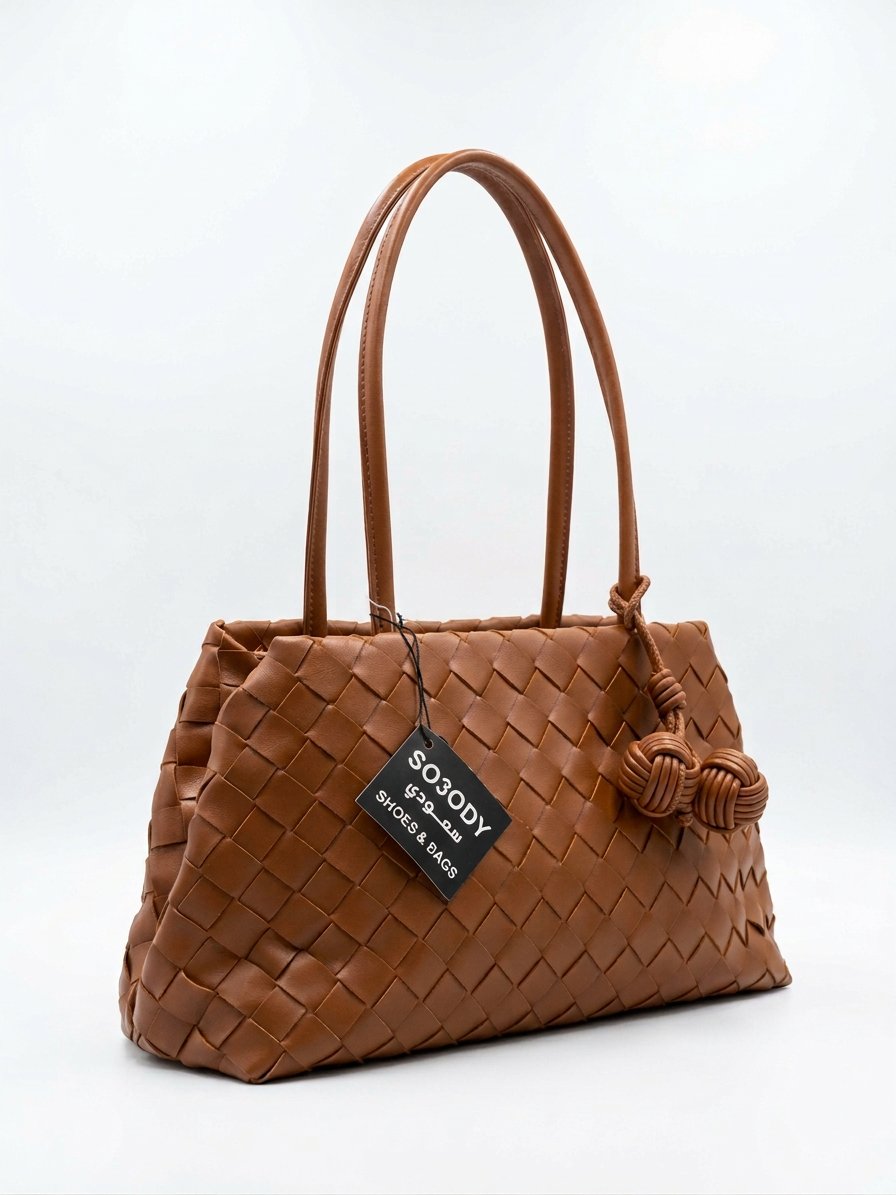 A braided bag with a modern design and a knotted pendant